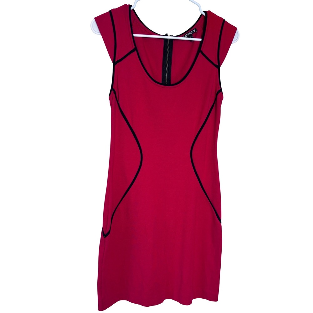 Express Red Body-con Sheath Dress Black Piping Exposed Back Zip Women's 6 Y2k
